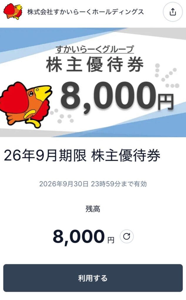すかいらーくホールディングスの株主優待到着写真 2025年6月権利分 8000円食事券