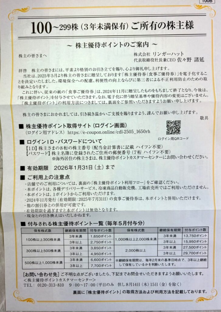 リンガーハットの株主優待到着写真 2025年2月権利分