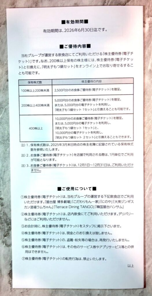 一家ホールディングスの株主優待到着写真 2025年3月権利分
