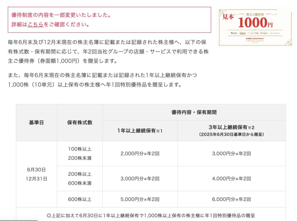 ジャパンクラフトHDの株主優待詳細 ホームページ説明画像
