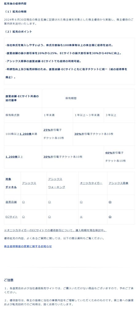 アシックス　株主優待　ホームページ画像