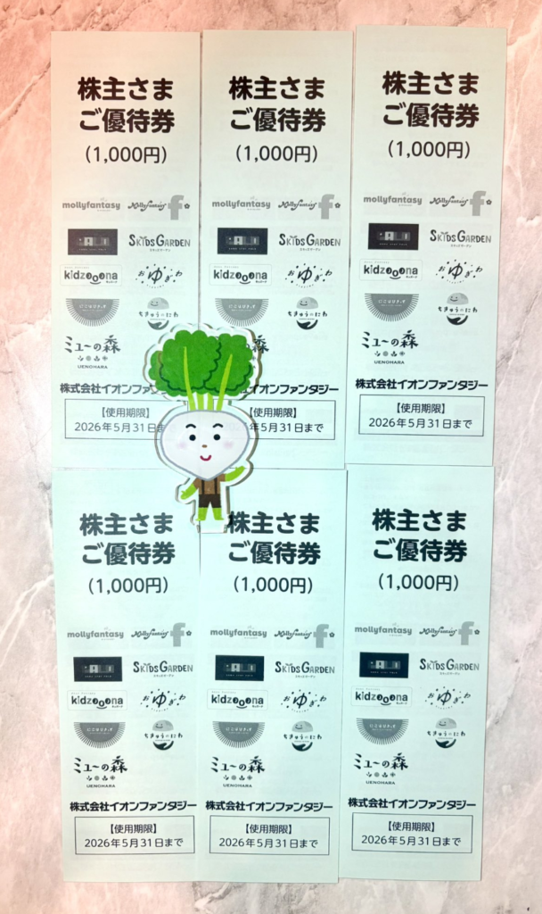 イオンファンタジーの株主優待到着写真 2025年8月権利分 6000円分の優待券