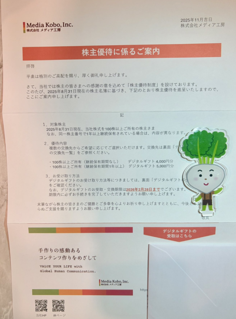 メディア工房の株主優待到着写真　2025年8月権利分　5000円分のデジタルギフト