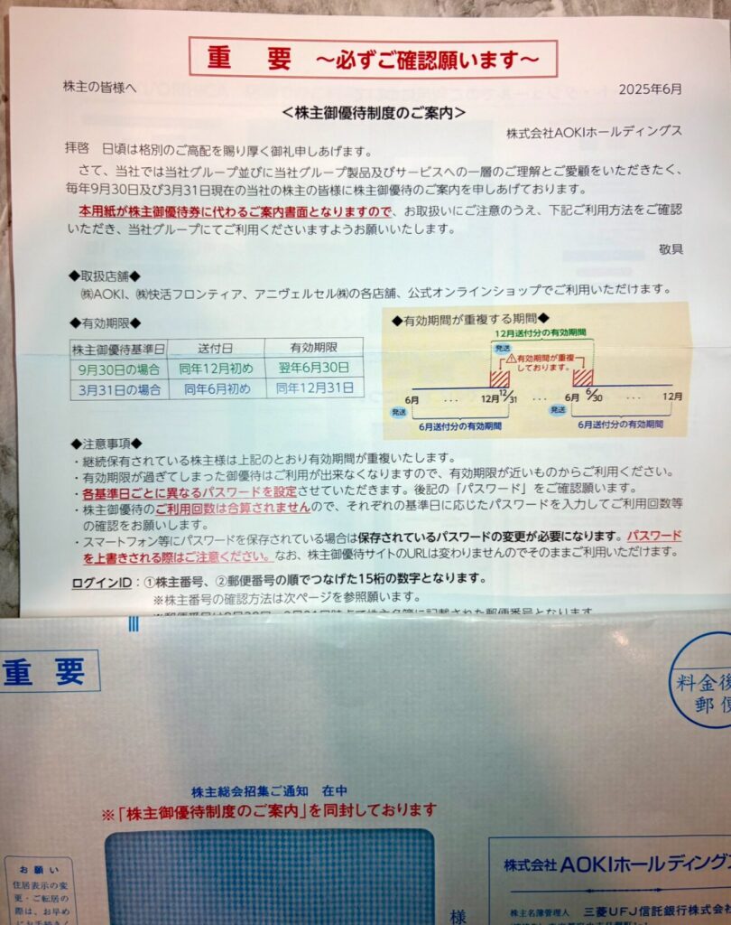 AOKIホールディングスの株主優待到着写真 2025年3月権利分